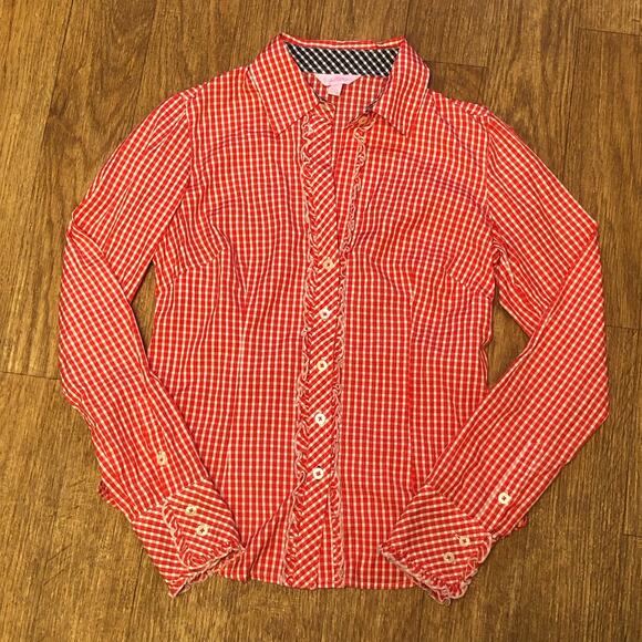 Lilly Pulitzer Red and White Gingham Plaid Long Sleeve Button Down Shirt Size 2 - Picture 2 of 15